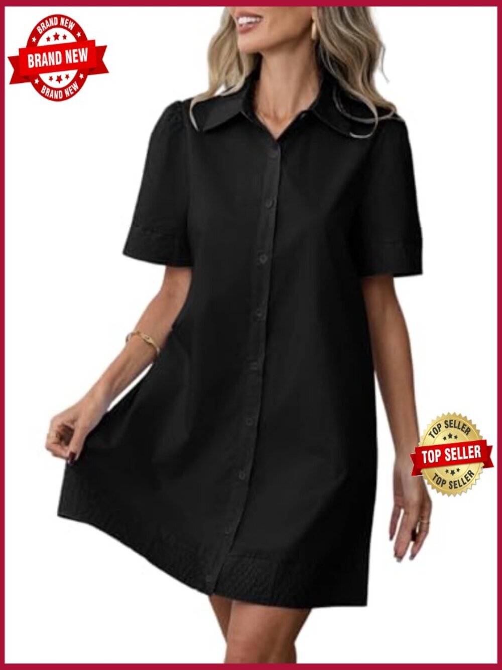 Casual Button Down Mini Shirt Dress Short Sleeve Ruffle Hem Pockets - Picture 2 of 7